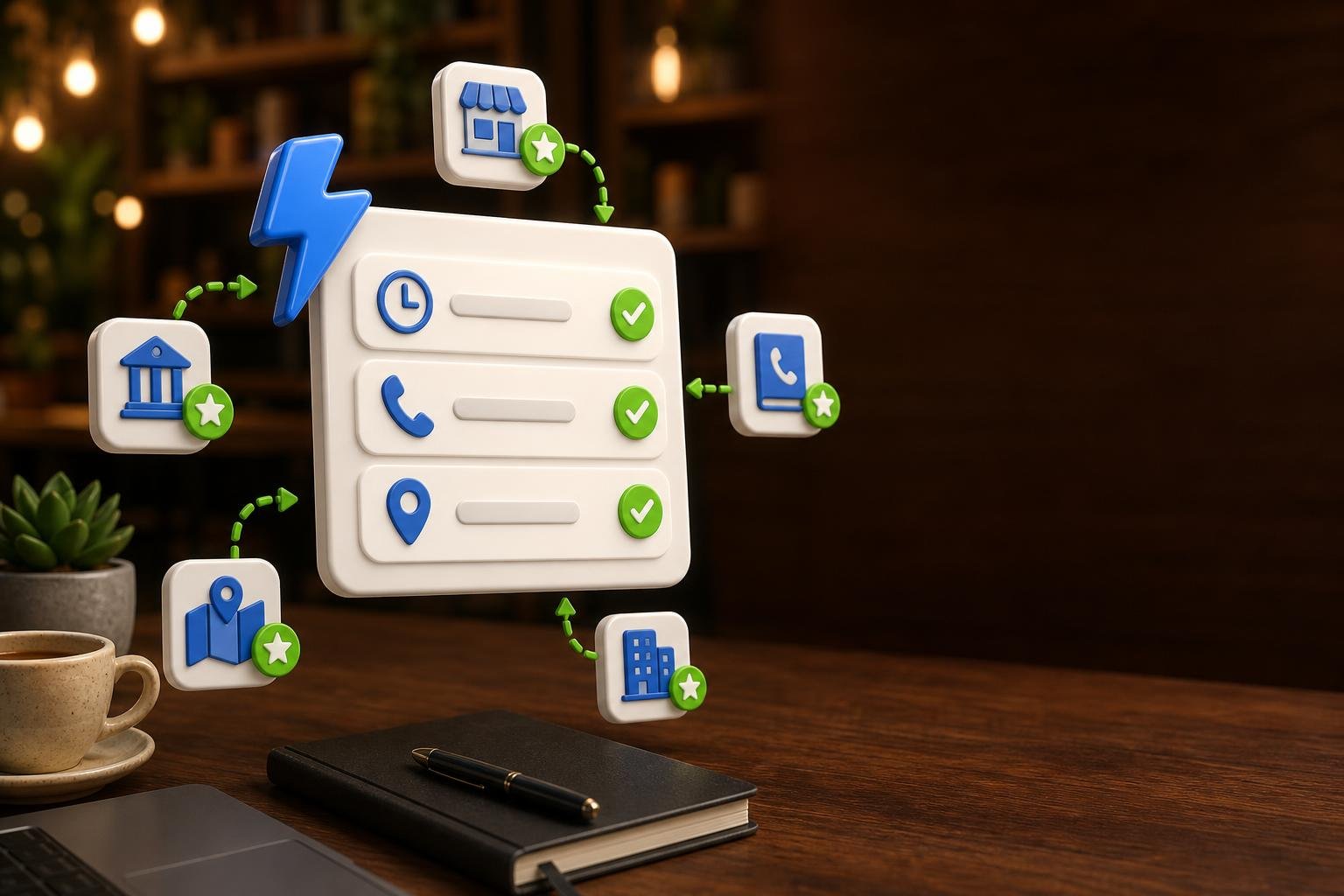 3D dashboard card with hours, phone and address rows each marked by a green check, surrounded by small directory tile chips linked by green dashed arrows, on a warm cafe desk.
