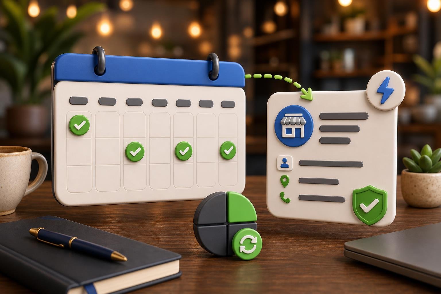 Floating 3D dashboard card showing hours, phone and address rows each with a bright green check, surrounded by small directory tile chips connected by green dashed arrows, on a warm walnut cafe desk with blurred bokeh.