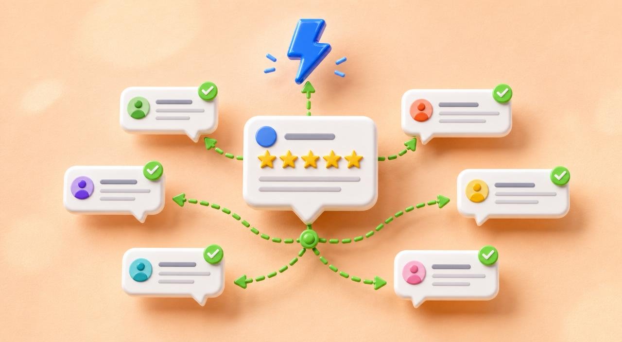 3D branching tree of reply speech-bubble cards springing from a central 5-star review card, green dashed arrows connecting each branch — representing personalized responses to every Google review.
