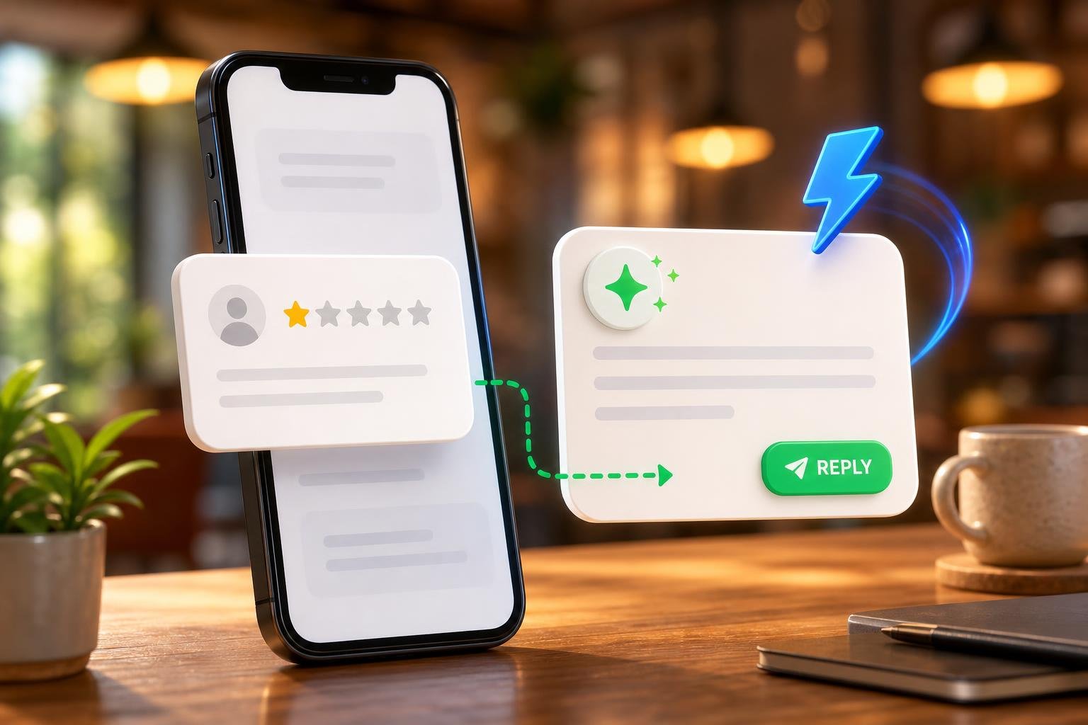 Small business owner calmly typing a thoughtful response to a negative review on a smartphone with star icons floating around