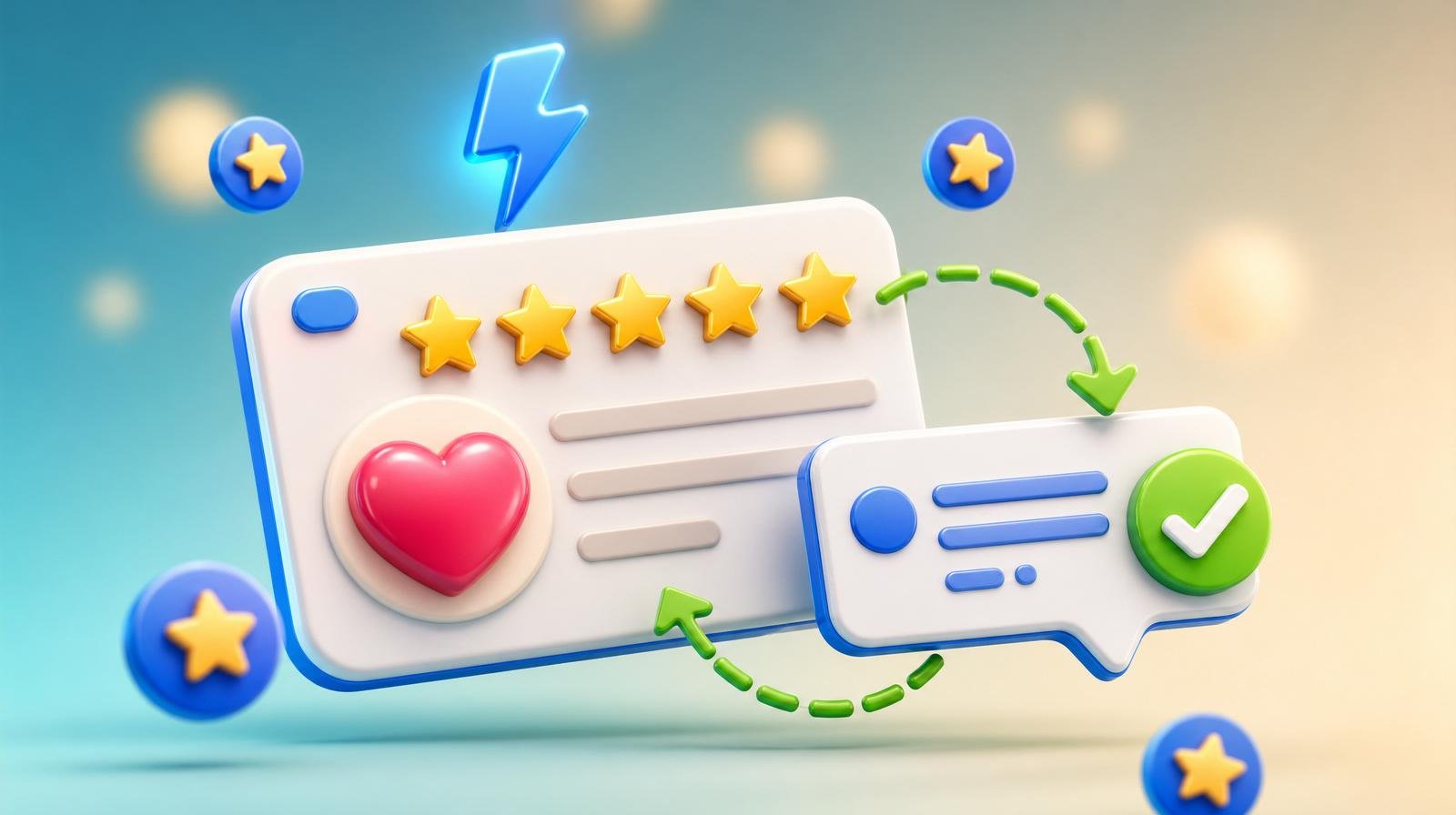 Glossy 3D five-star review card connected by green dashed arrows to a reply speech-bubble card with a green checkmark badge — representing responding to positive reviews.