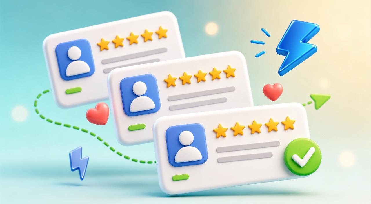 Three glossy 3D 5-star review cards fanned out with heart tokens between them and a green checkmark on the top card.