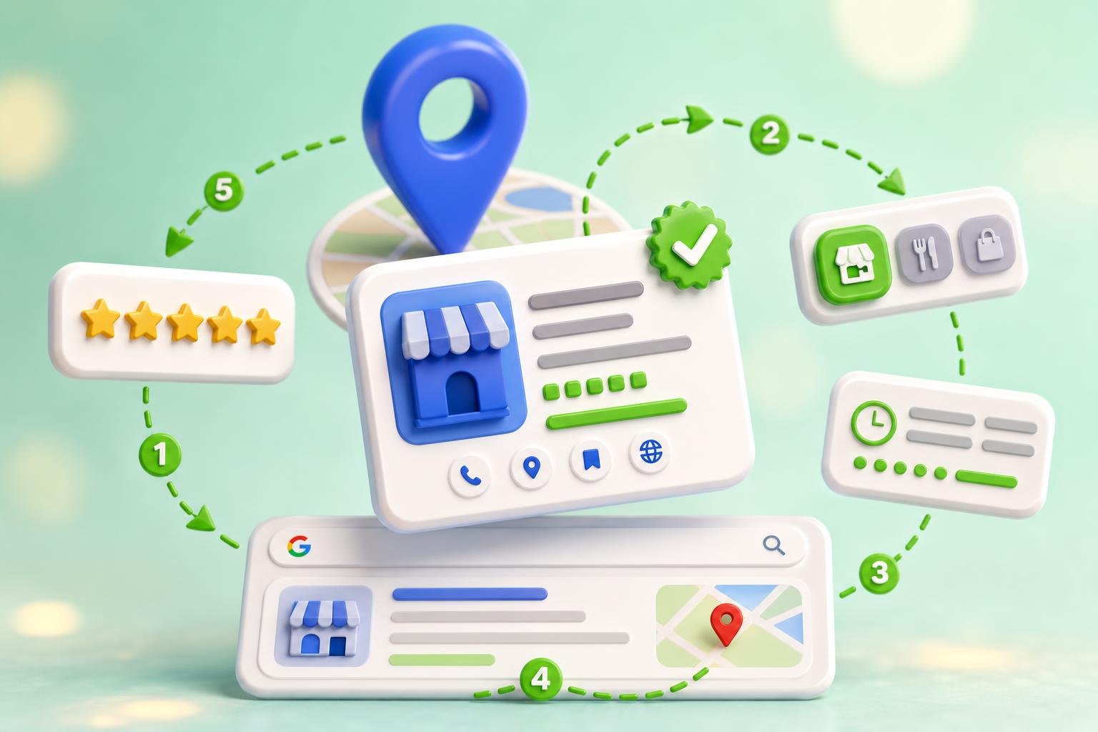 A 3D business profile card hovering above a search result row, with a map pin, verification badge, 5-star tokens, and category and hours chips orbiting it — representing setting up a Google Business Profile from scratch.