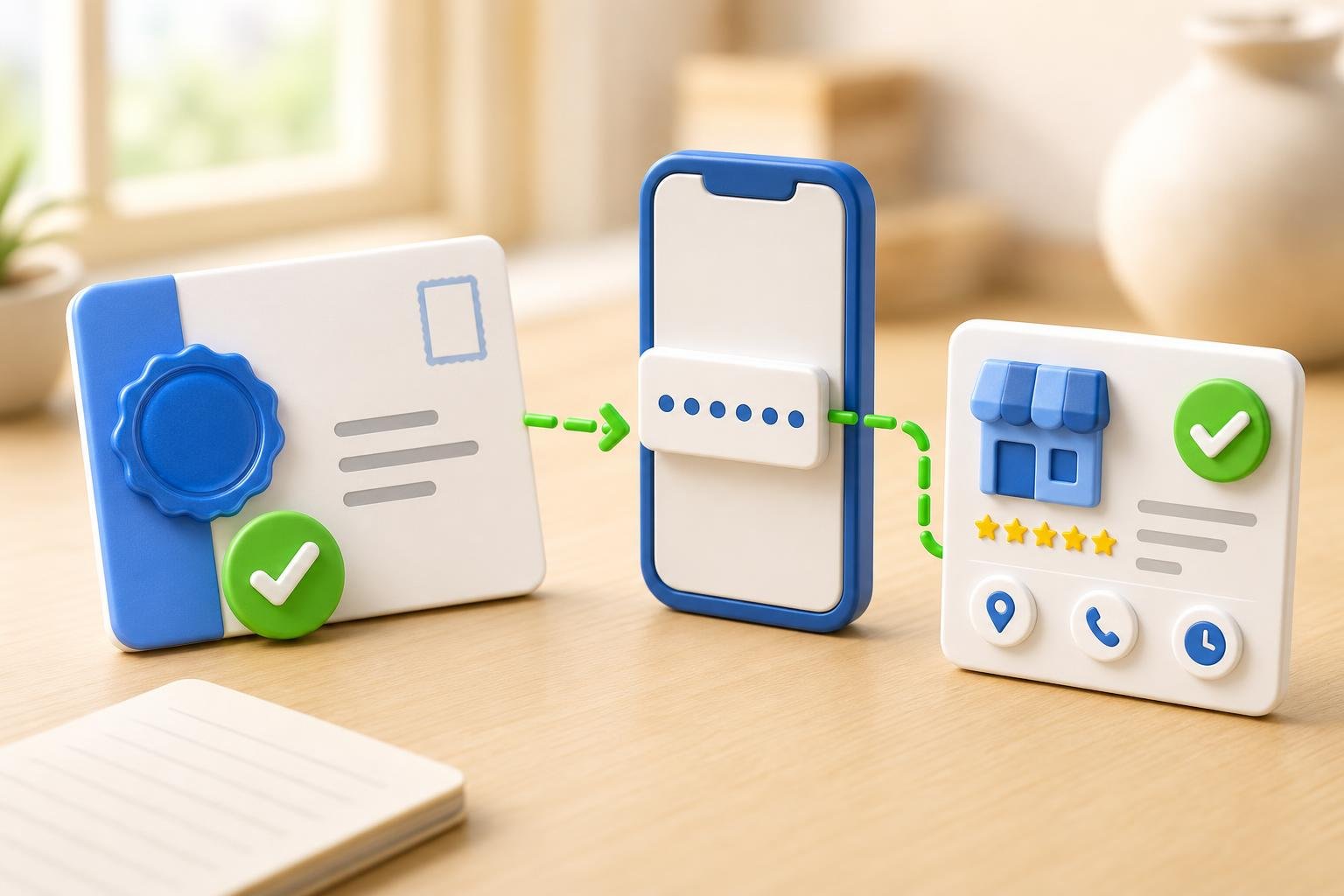 A 3D verification postcard with a blue seal and green checkmark, a phone with a code chip, and a business profile card with a green checkmark badge — representing the Google Business Profile verification step.