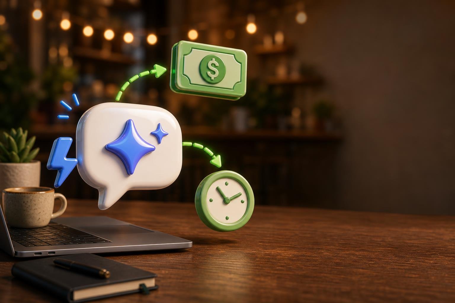 Glossy 3D chat bubble with sparkles over a laptop, with green dashed arrows looping to a dollar-bill chip and a clock chip — representing ChatGPT making small businesses time and money