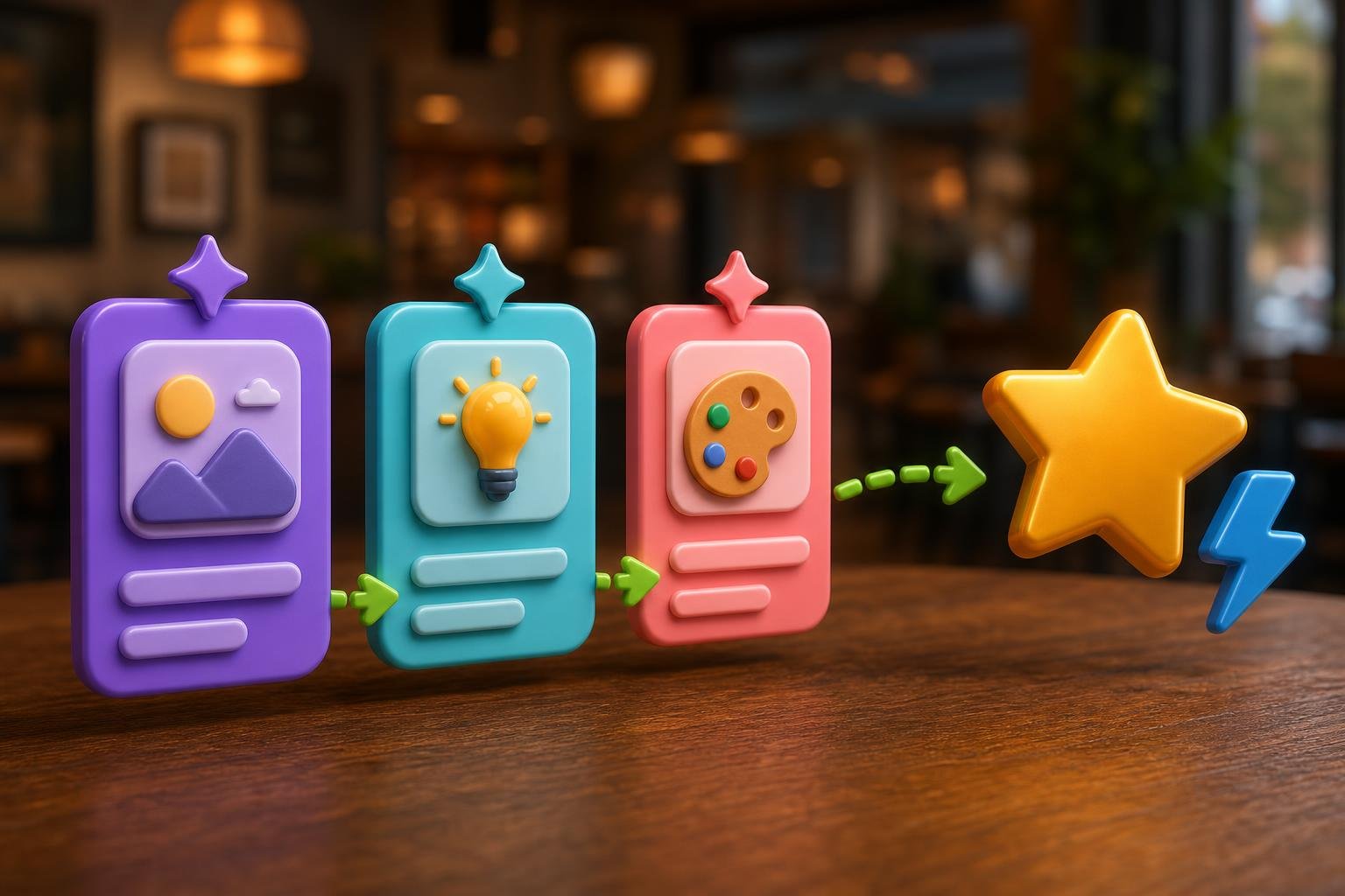 Three glossy 3D prompt cards connected by green dashed arrows leading to a gold five-point star, showing how a few reusable prompts compound into real results.