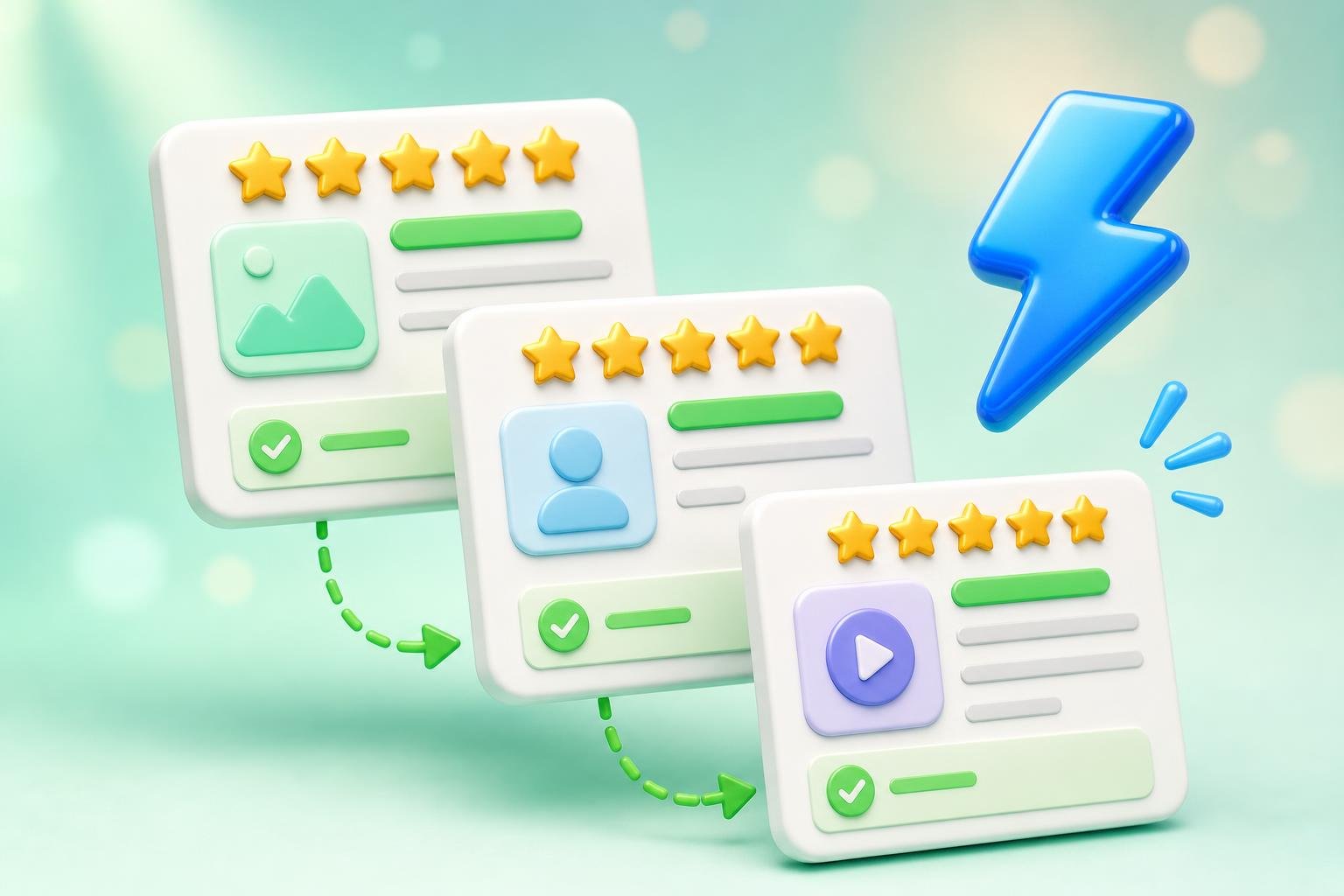 Three stacked 3D review-template cards with star ratings and dashed green arrows linking them, plus a glossy blue lightning-bolt accent.