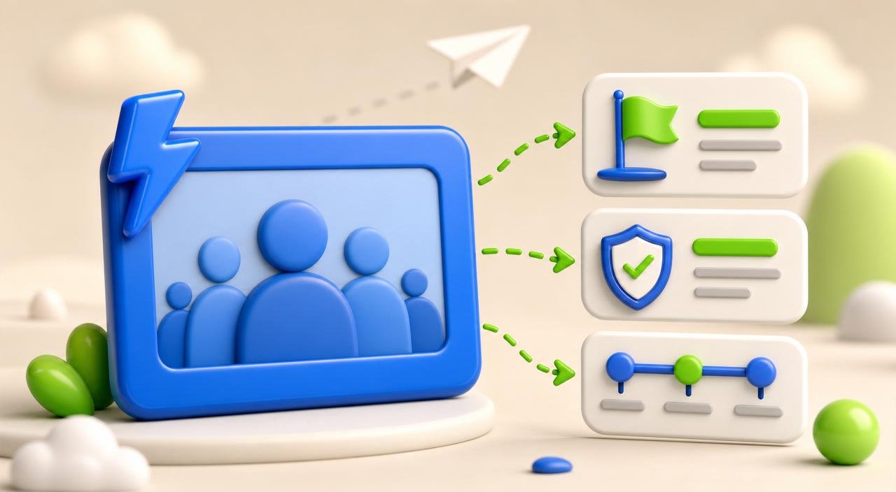 Glossy 3D blue team-photo card with abstract silhouettes, connected via green dashed arrows to smaller story cards showing a mission flag, values shield, and milestone timeline — representing the six sections of an effective About Us page.