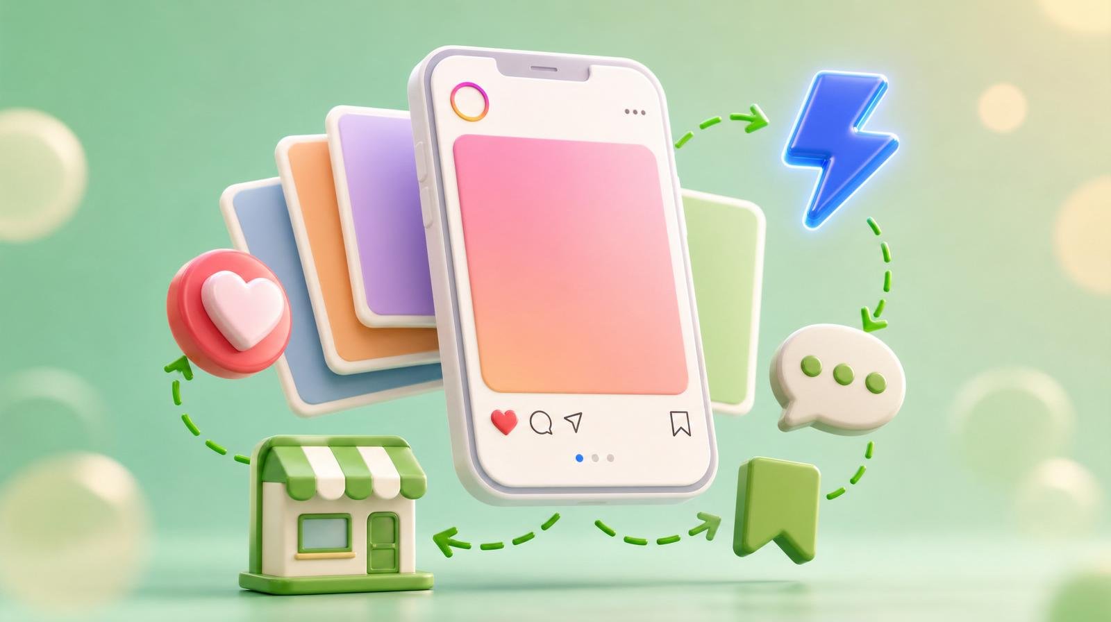 3D Instagram-style phone frame with floating post tiles, a heart token, comment bubble, bookmark tag, and a small storefront icon connected by a green dashed arrow — representing Instagram marketing for a small business.