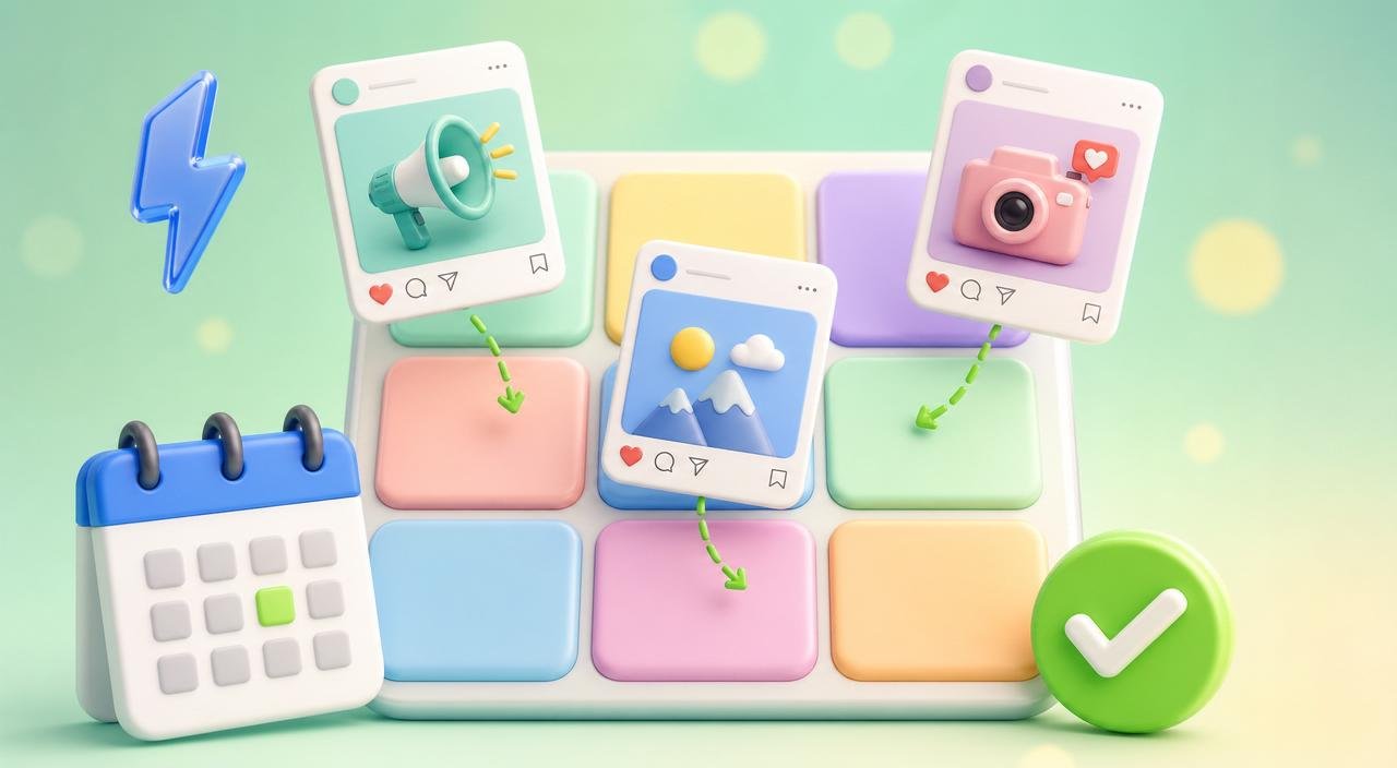 A 3D content-planning grid with post preview tiles emerging from it and a small calendar icon — representing an Instagram content calendar plan.