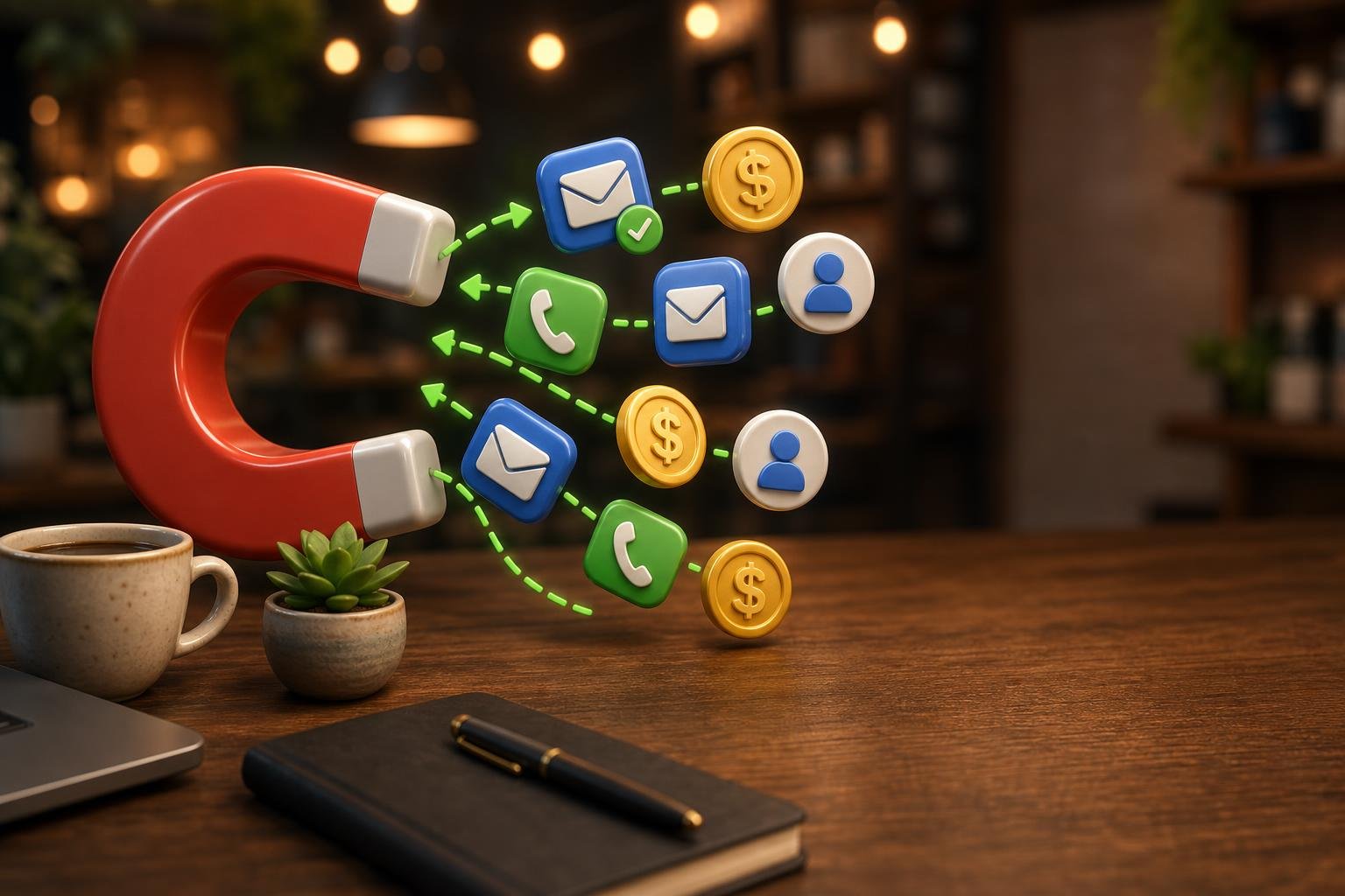 Glossy red 3D horseshoe magnet on a cafe desk attracting floating envelope chips, phone chips, dollar coins, and abstract person tokens along green dashed arrows — representing small business lead generation