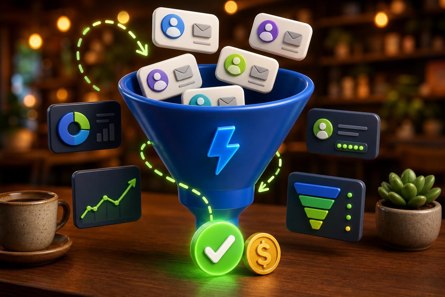 3D blue funnel with glossy contact-card chips dropping into the top and a glowing green check-mark with a gold dollar coin emerging from the bottom — representing the small business lead generation funnel.