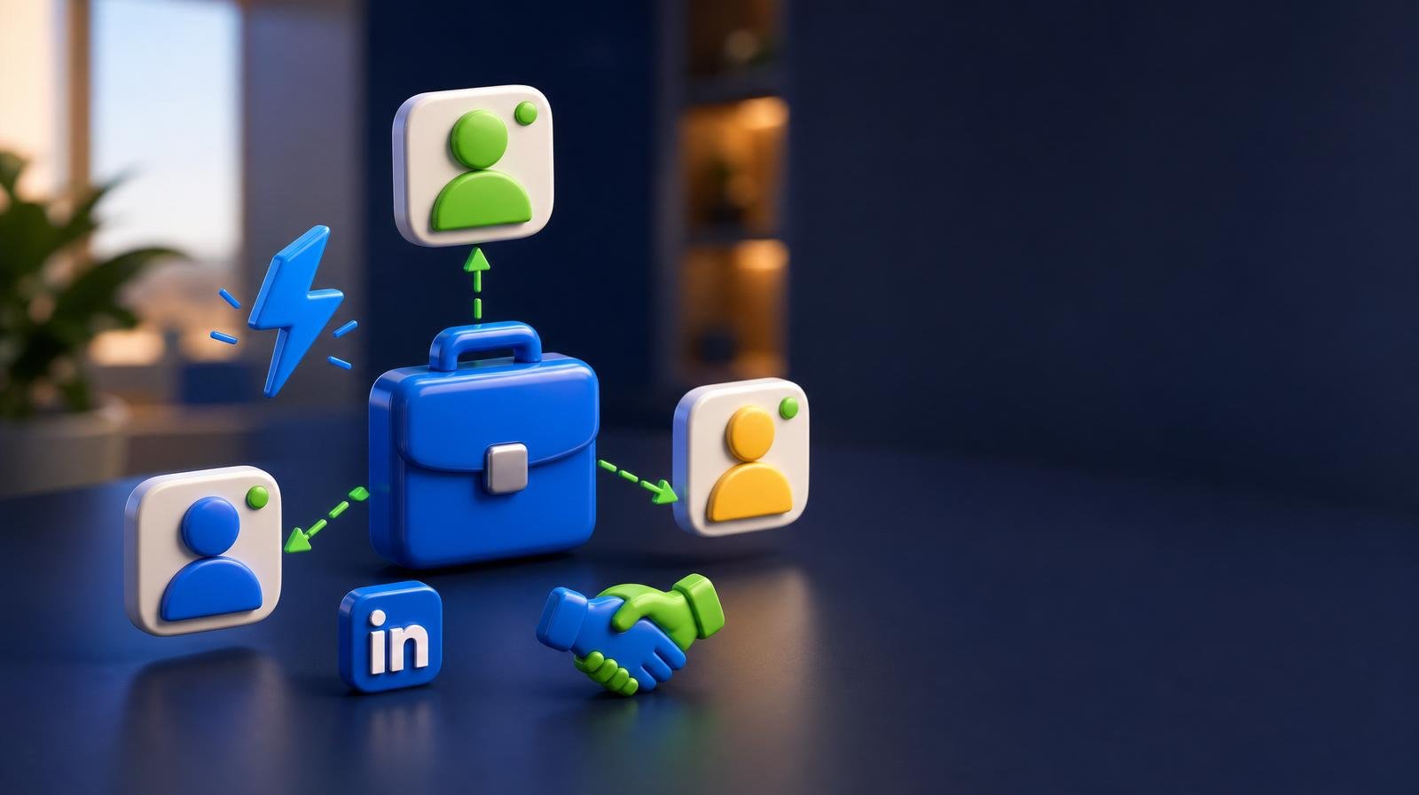 Glossy 3D blue briefcase icon with green dashed arrows connecting to three floating profile avatar cards and a chunky handshake token — representing a small business LinkedIn network.