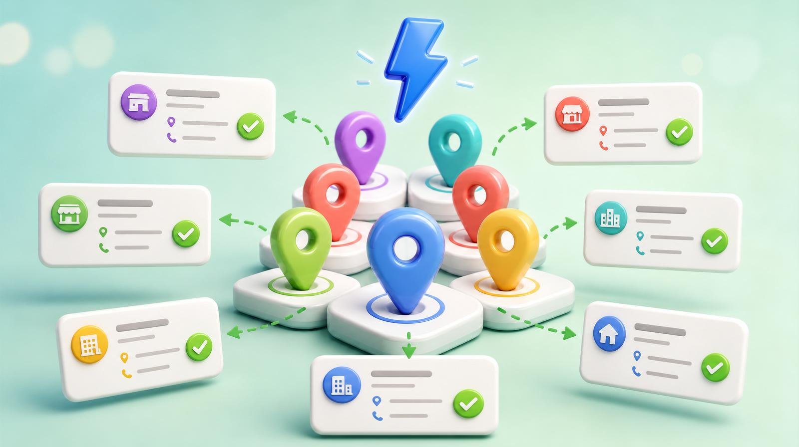 Chunky 3D cluster of glossy directory map-pins with fanned NAP business cards, green checkmark badges on each, and a glossy blue lightning-bolt above — representing local citation building.