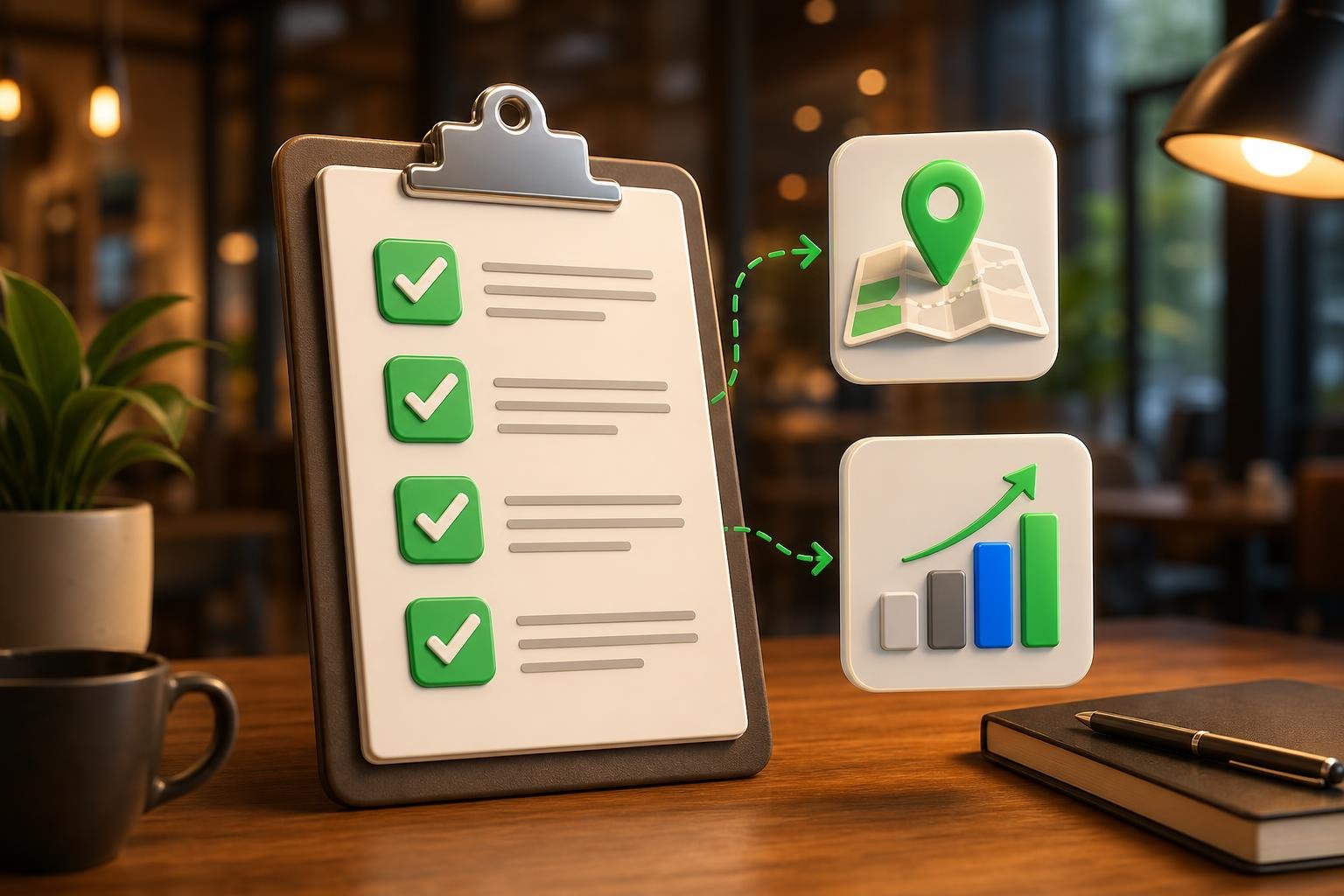 Local SEO checklist clipboard with map pins, a 5-star badge, and a smartphone showing Google Maps local results