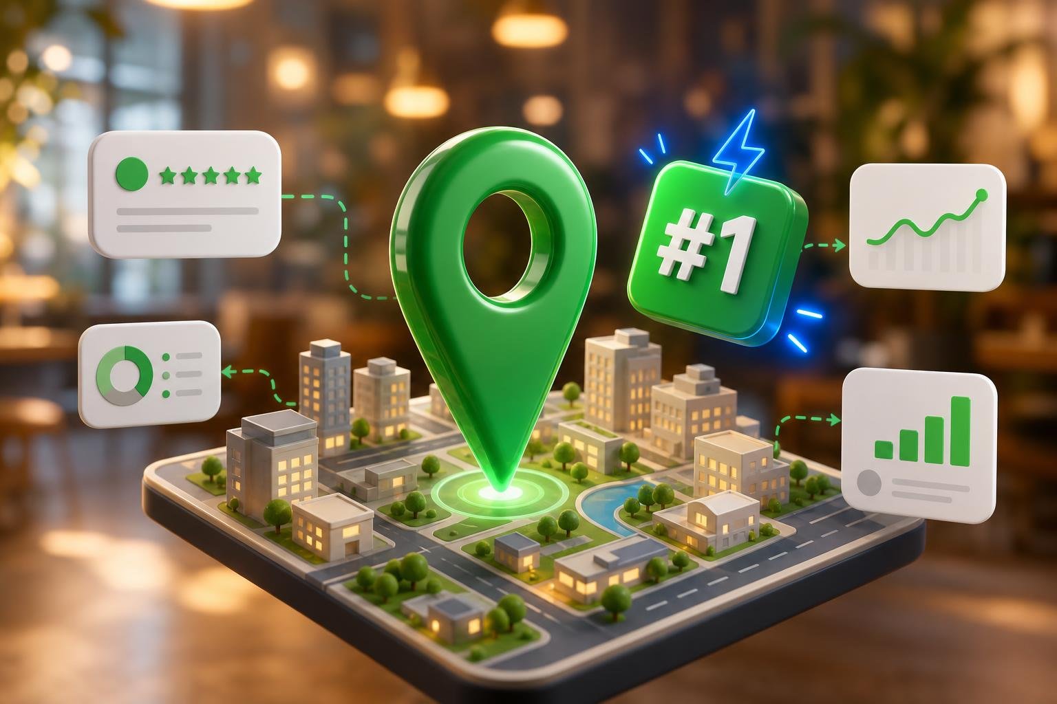 A checklist with green checkmarks for Google Business Profile, citations, and reviews flowing into a Google local 3-pack map.