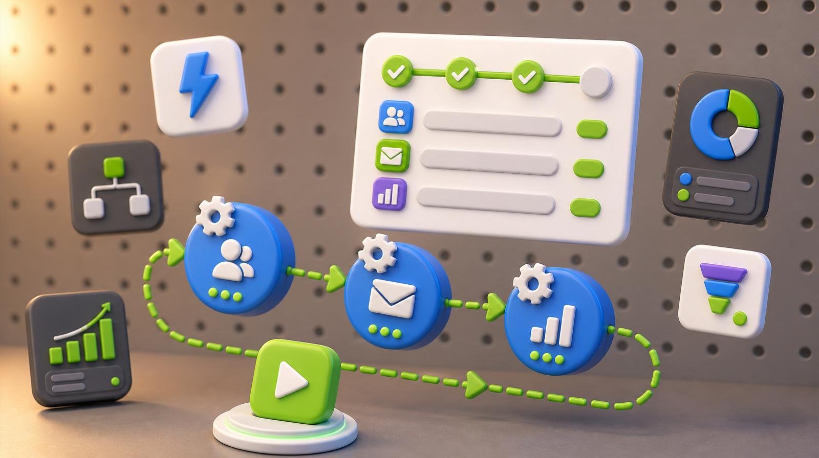 3D marketing automation flow with three glossy blue gear-and-node tokens linked by a green dashed arrow, a checklist workflow card, and a 3D play button — representing a small business automation workflow.