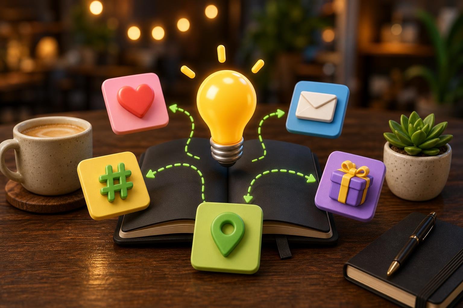 3D yellow lightbulb glowing over an open notebook with colorful sticky-note tiles (heart, hashtag, location pin, envelope, gift) connected by green dashed arrows — representing small business marketing ideas branching from a single insight.