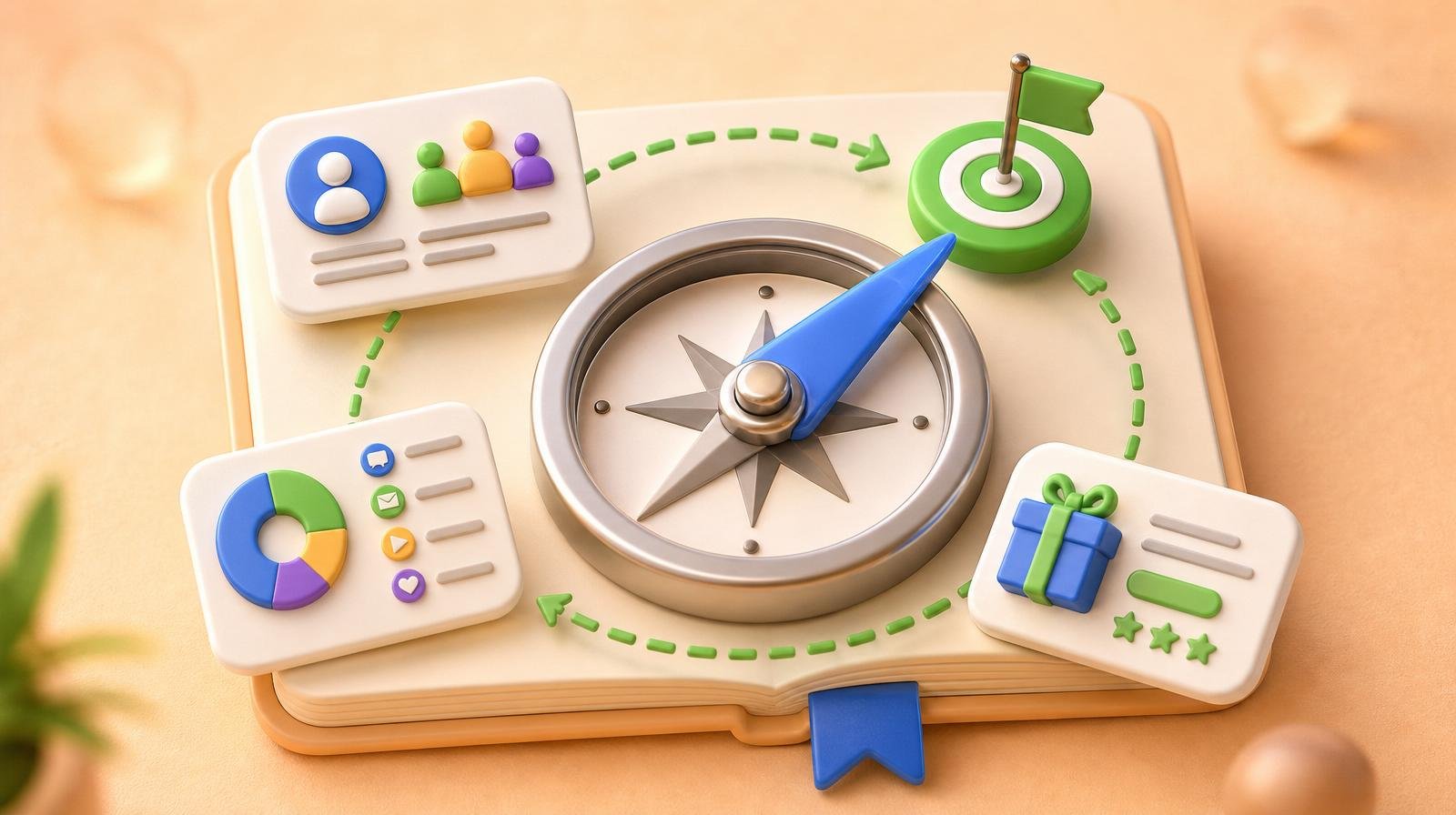 3D marketing strategy compass with glossy blue needle pointing at a green target token, orbiting audience / channel / offer mini cards, and a green dashed arrow looping around — representing a focused small business marketing strategy.