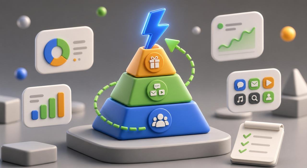 3D strategy pyramid with three stacked tiers — audience at the bottom, channels in the middle, offer at the top — capped by a glossy blue lightning bolt and looped by a green dashed arrow.
