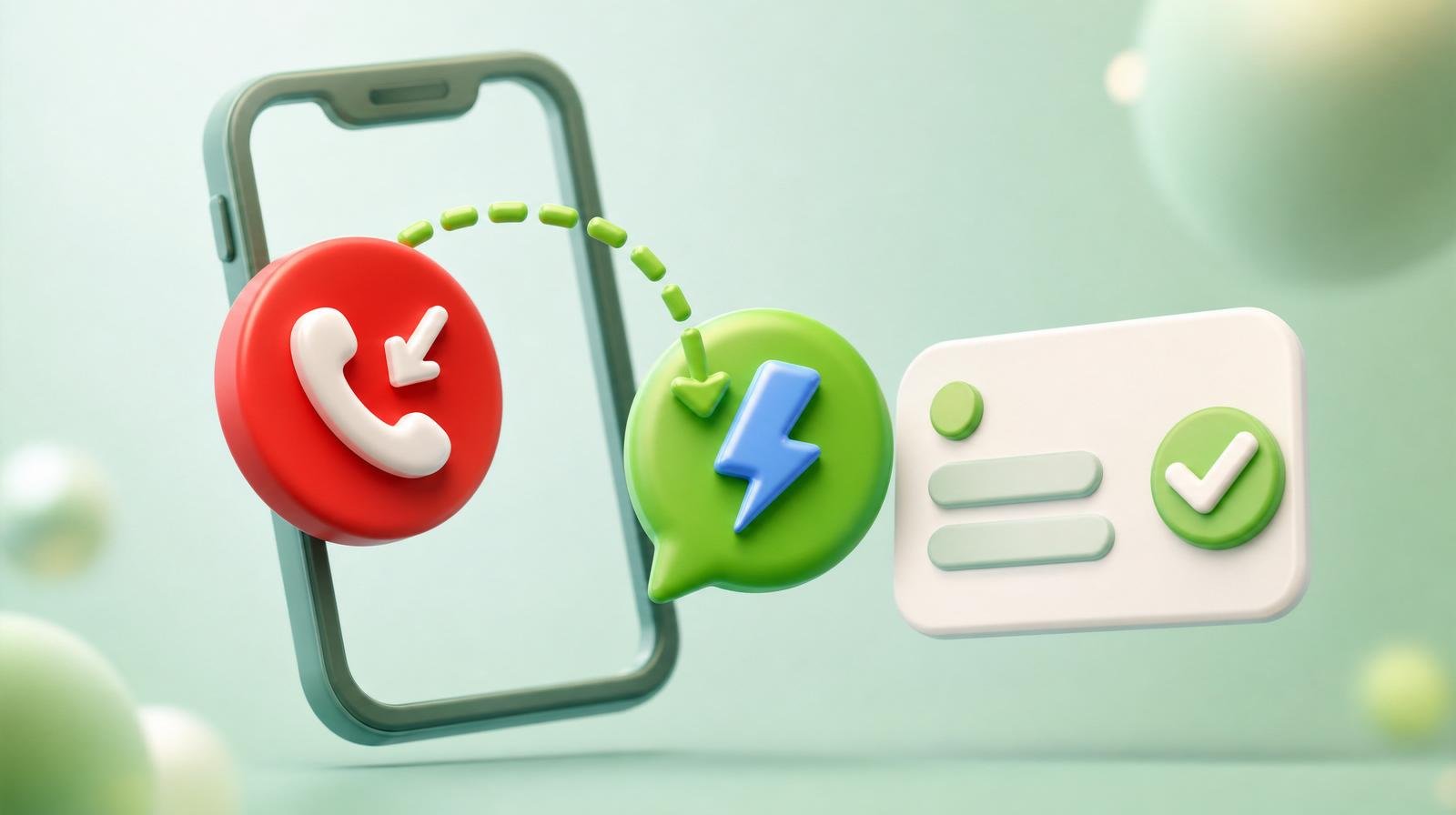 3D illustration of a red missed-call badge connected by a green dashed arrow to a green chat bubble with a lightning bolt and a reply card marked with a checkmark