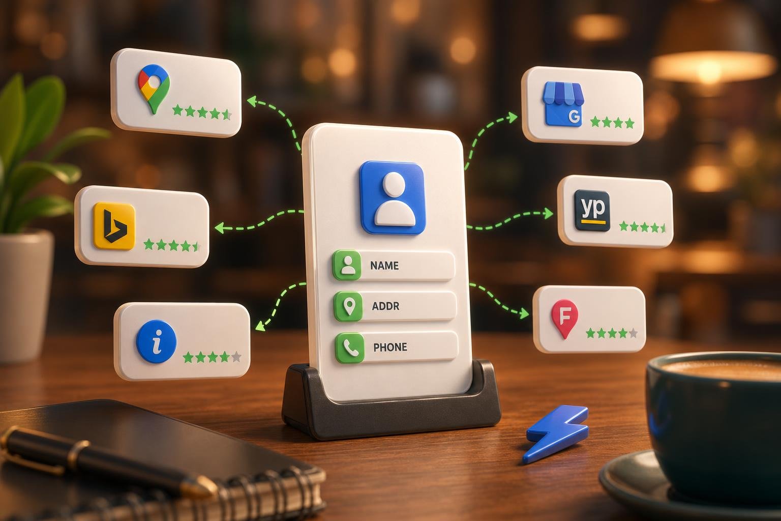 Glowing map pins for Google, Yelp, Apple Maps, and Facebook connected by a network across a city map