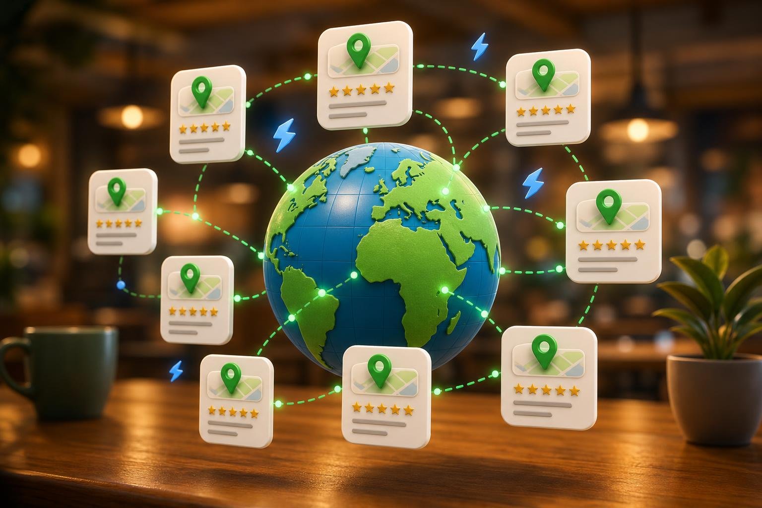 A central business card NAP is replicated across many directory listing tiles, all marked with green consistency checkmarks.