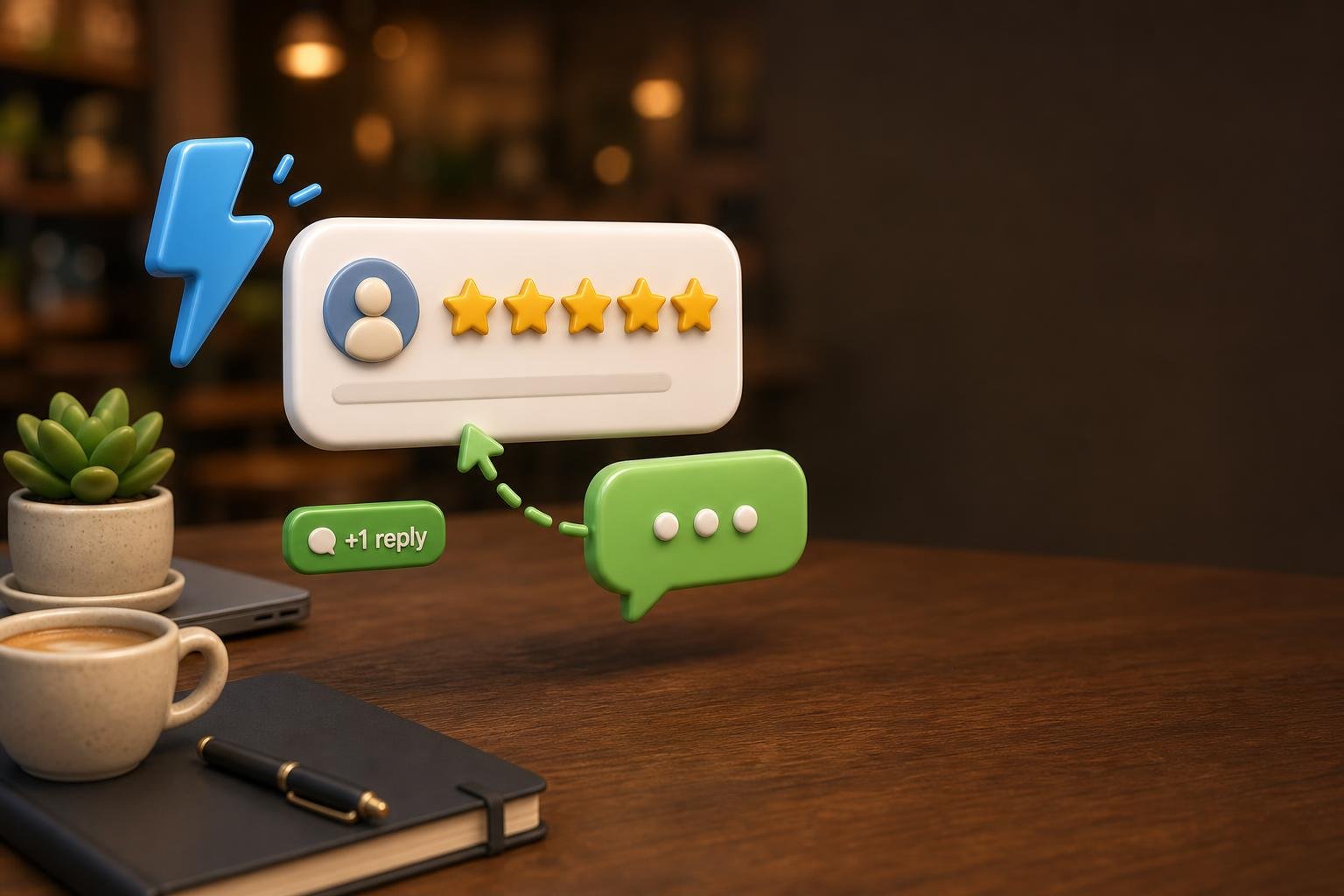 Glowing 5-star review card connected by a curved arrow to a warm reply bubble with a heart icon, surrounded by sparkles and thank-you tags