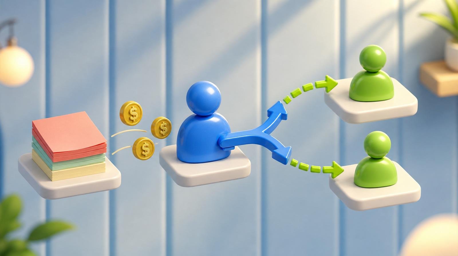A chunky 3D person-token in the center branching a glossy blue arrow into two green dashed arrows pointing to two new customer tokens, with dollar coins flowing back to the source — representing a small business referral program.