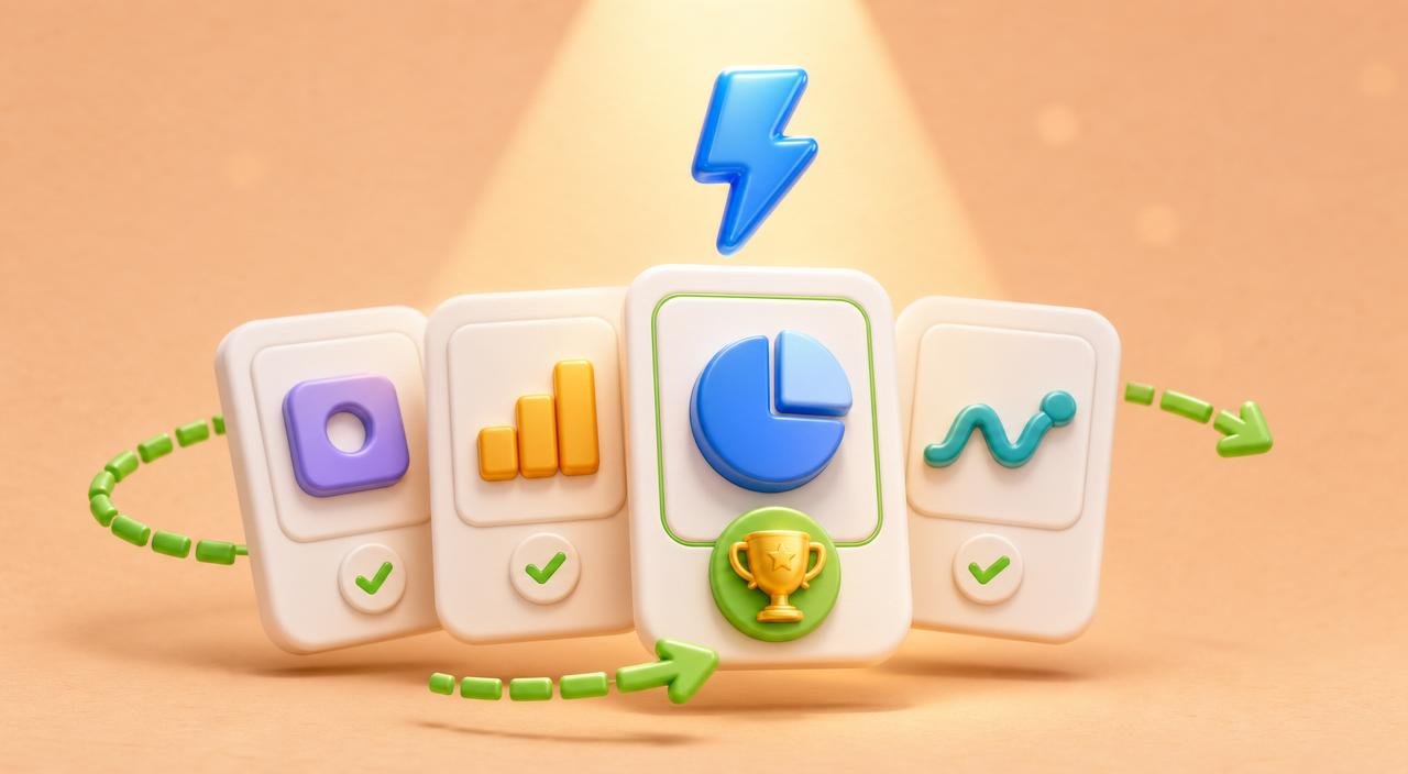 Four glossy 3D tool tiles arranged in a fanned row, the middle-front tile carrying a trophy token, glossy blue lightning bolt above