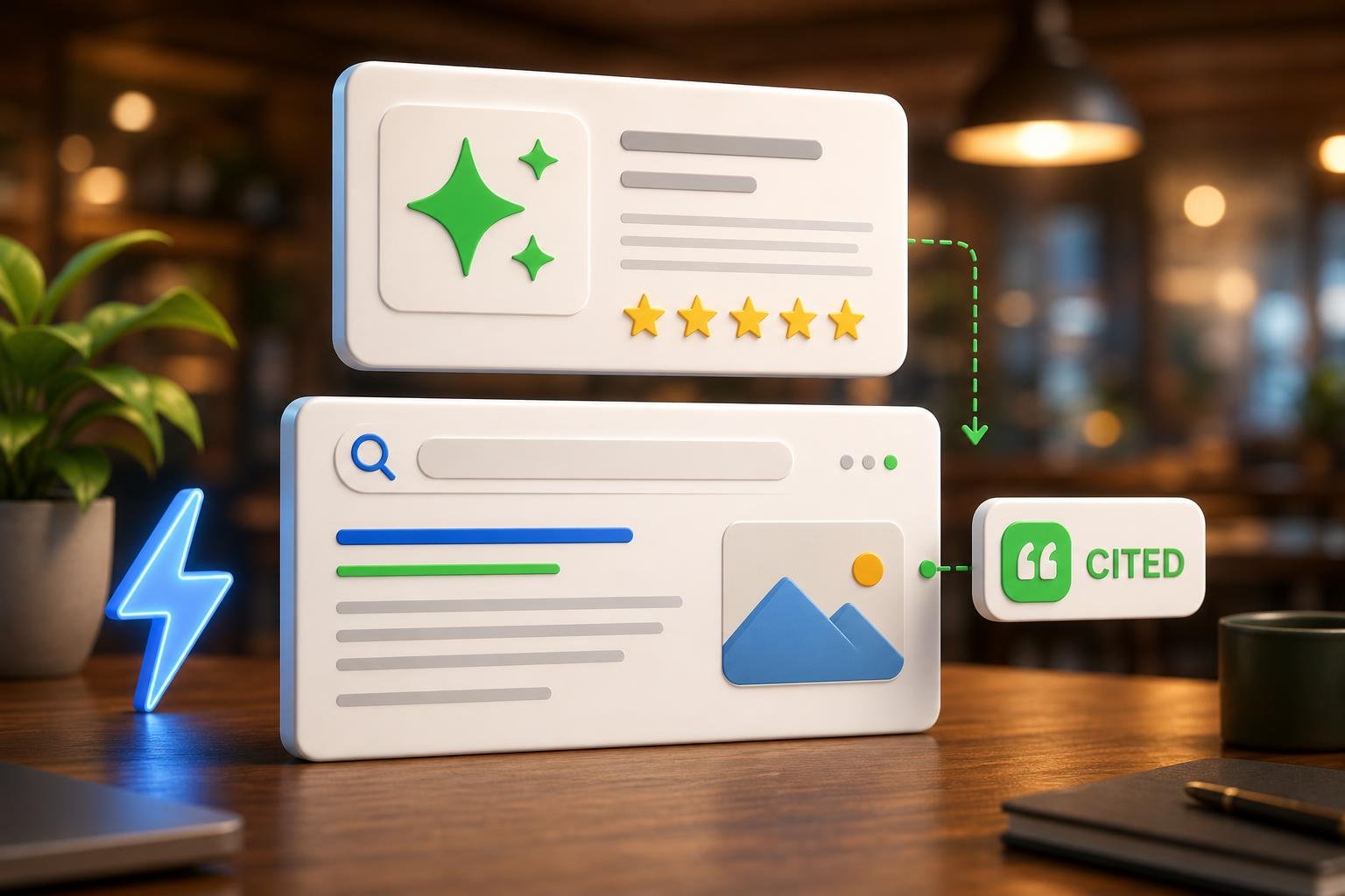 Smartphone showing 5-star reviews surrounded by search and AI chat icons on a marble desk