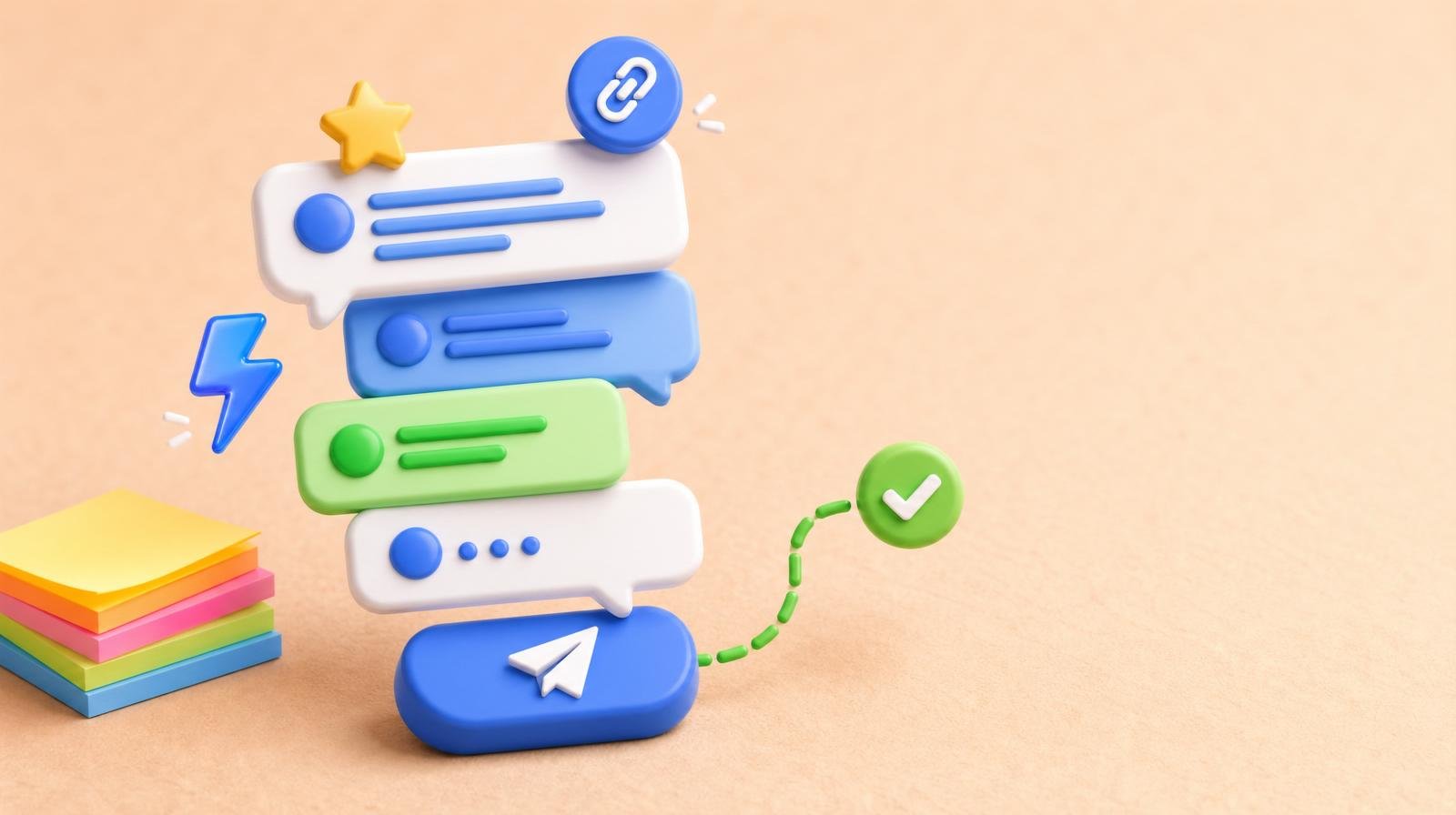 3D illustration of a stack of colorful message bubbles rising from a rounded send button with a green arrow looping to a delivered checkmark