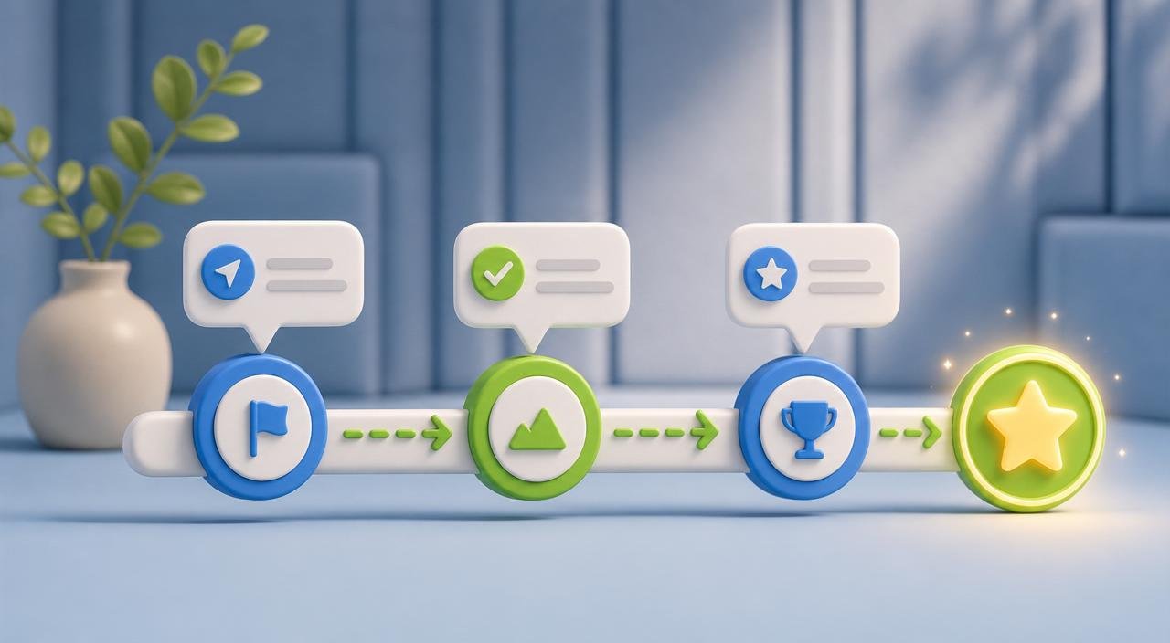 3D timeline rail with three milestone tokens, each with a message bubble above it, ending in a glowing five-star token.