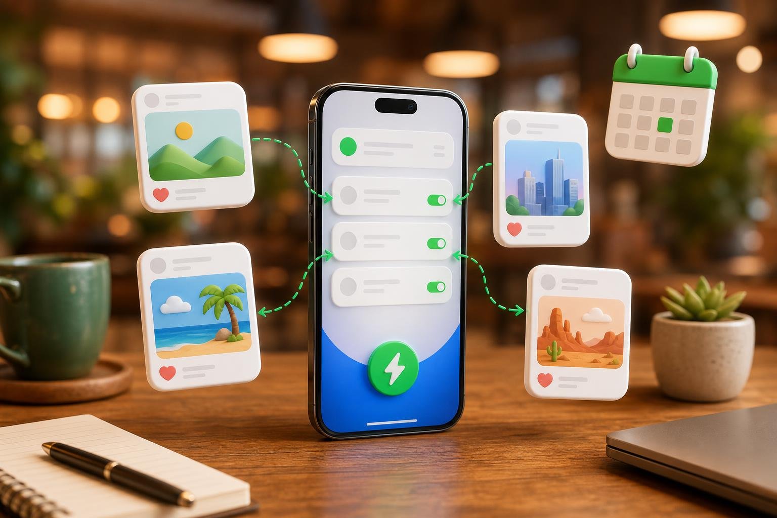Illustration of a small business storefront with Facebook, Instagram, LinkedIn, X, and Pinterest icons rising above it