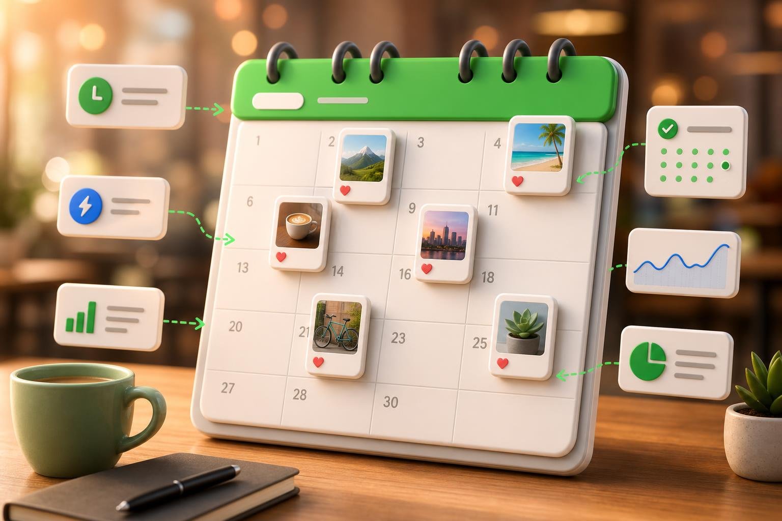 A content calendar grid with social media post thumbnails feeding into Facebook, Instagram, LinkedIn, X, and Pinterest icons.