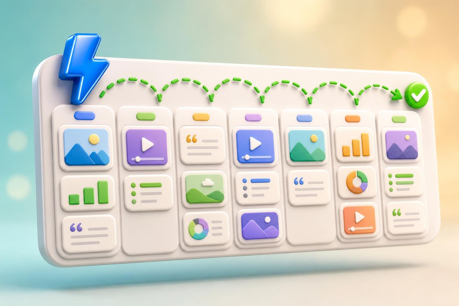 3D weekly content calendar floating with seven day-tile columns, each stacked with rounded mini post-card thumbnails — photos, video, quotes, polls, charts — with a glossy blue lightning bolt and green dashed arrow looping through the week.