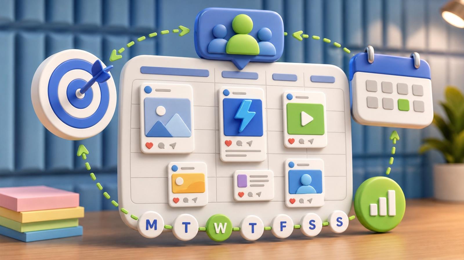 3D social media strategy board with a planning grid, floating post-card thumbnails, an audience persona bubble, a target goal disc, and a green dashed cadence loop