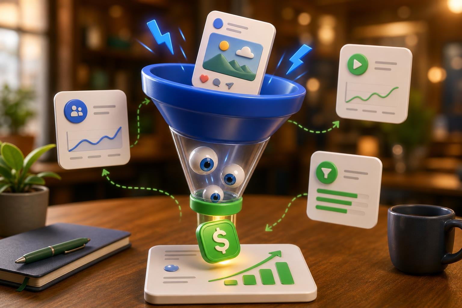 Small business owner smiling at a smartphone with social engagement icons and a growth chart overlaid
