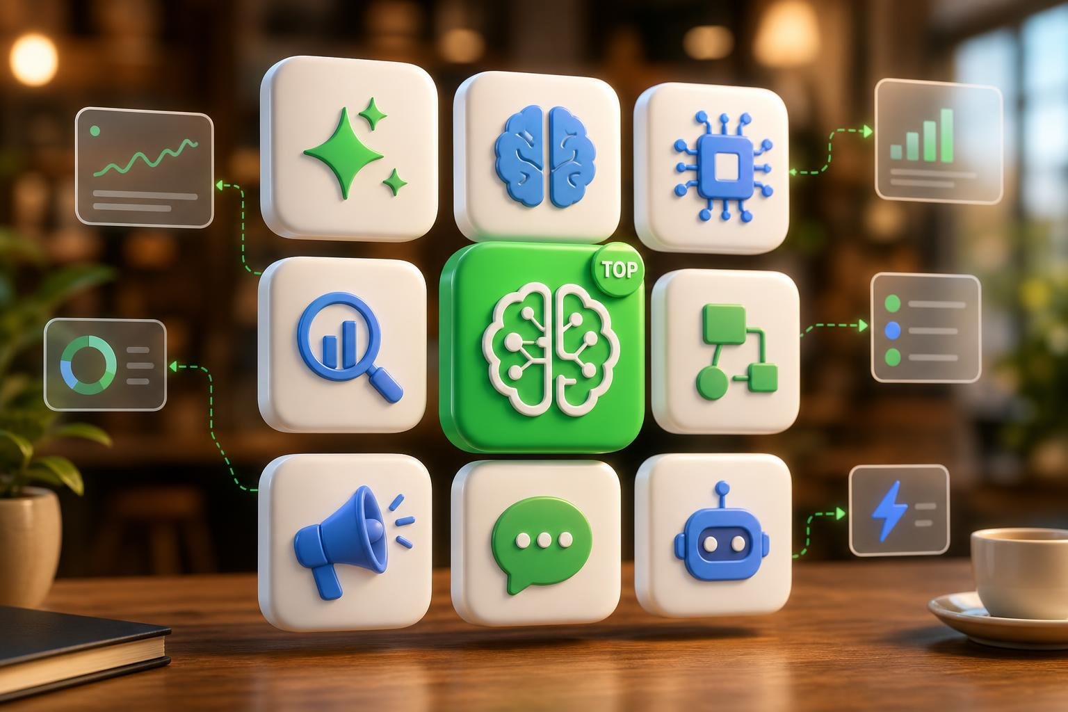 A shelf of labeled tool tiles for ClickGrow, ChatGPT, Claude, Gemini, Perplexity, Canva, HubSpot, and Notion.