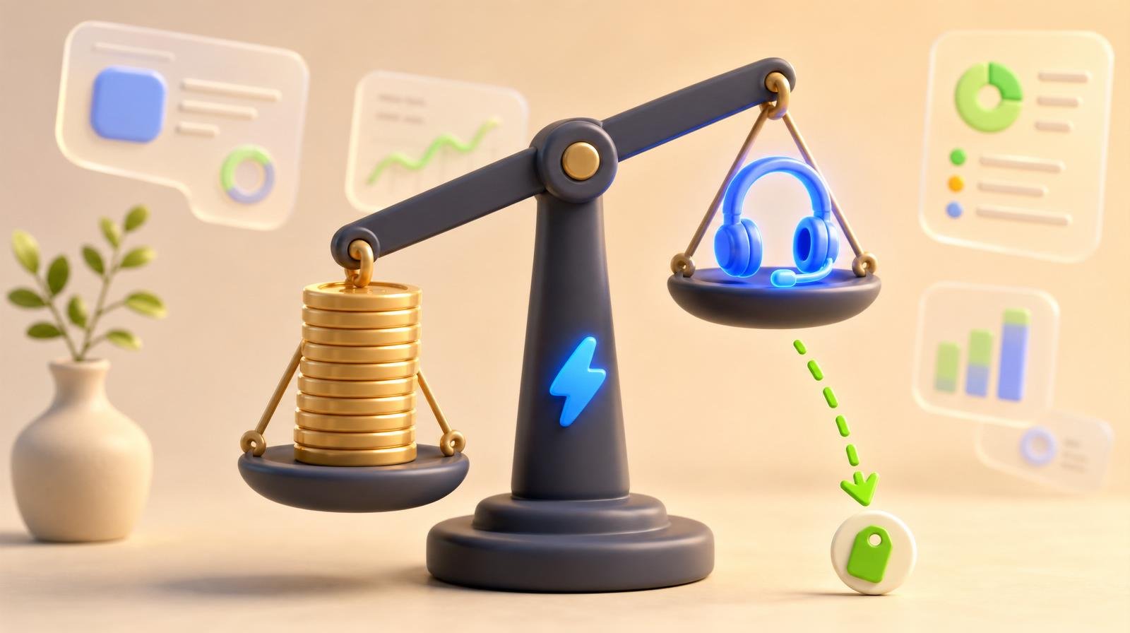 3D illustration of a balance scale weighing a tall stack of gold coins against a small glowing blue headset icon, with a green dashed arrow pointing to a price tag