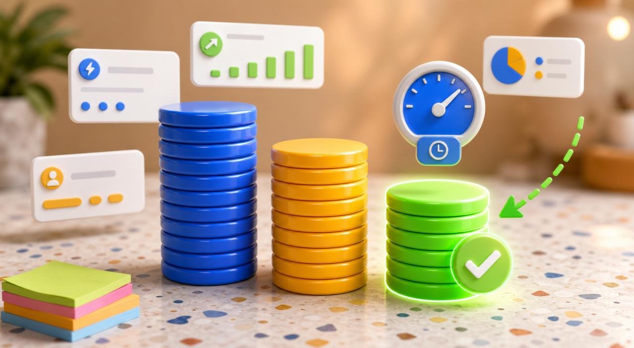 3D illustration of three descending pricing pillars made of stacked coin discs, with the shortest pillar glowing green under a checkmark badge and a per-minute meter dial floating above.