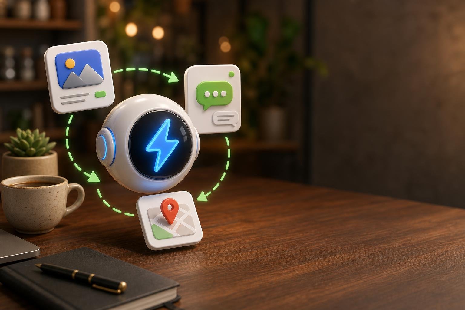 3D AI agent orb with a glossy blue lightning bolt and three small task chips (post, chat bubble, map pin) orbiting it on green dashed arrow arcs, on a warm cafe desk.