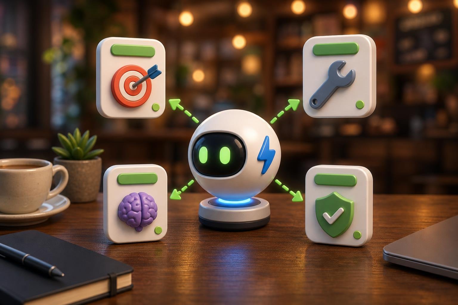 Chunky 3D AI agent orb with a glossy blue lightning bolt on its face and three small task chip cards (post, chat bubble, map pin) orbiting it on green dashed arrow arcs, on a warm walnut cafe desk with blurred bokeh.